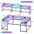 Bureau d'angle en U pour jeux vidéo avec prises électriques et lumières LED, support d'écran, grand bureau d'angle