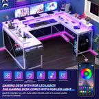 Bureau d'angle en U pour jeux vidéo avec prises électriques et lumières LED, support d'écran, grand bureau d'angle