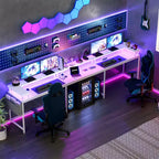 Bureau d'angle en U pour jeux vidéo avec prises électriques et lumières LED, support d'écran, grand bureau d'angle