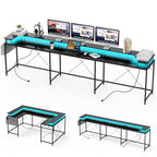U Shaped Computer Gaming Desk with Power Outlets & LED Lights, Monitor Stand, Large Corner Desk