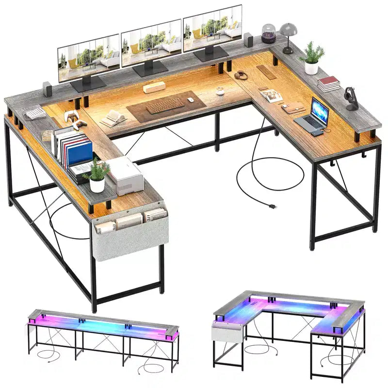 Bureau d'angle en U pour jeux vidéo avec prises électriques et lumières LED, support d'écran, grand bureau d'angle