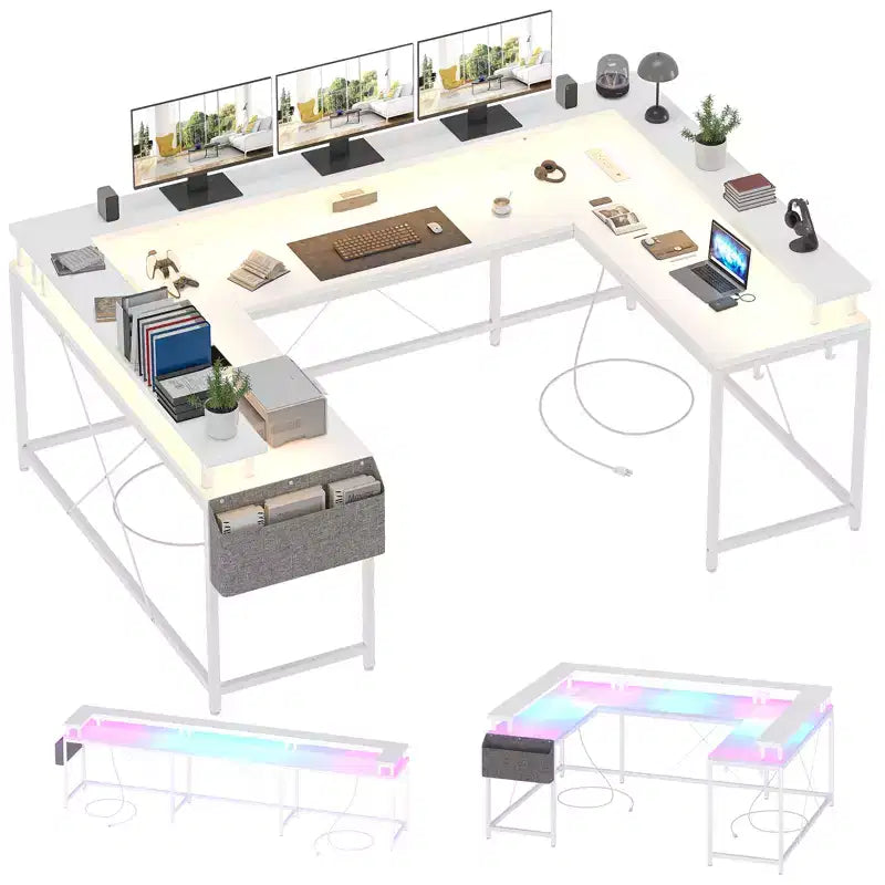 Bureau d'angle en U pour jeux vidéo avec prises électriques et lumières LED, support d'écran, grand bureau d'angle