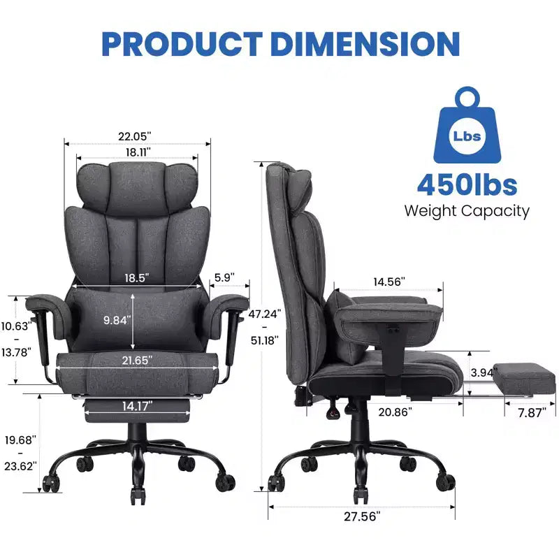Fauteuil de bureau ergonomique Hoffree Big & Tall Executive en lin, supporte jusqu'à 450 livres, avec support lombaire massant 2 points et repose-pieds, gris