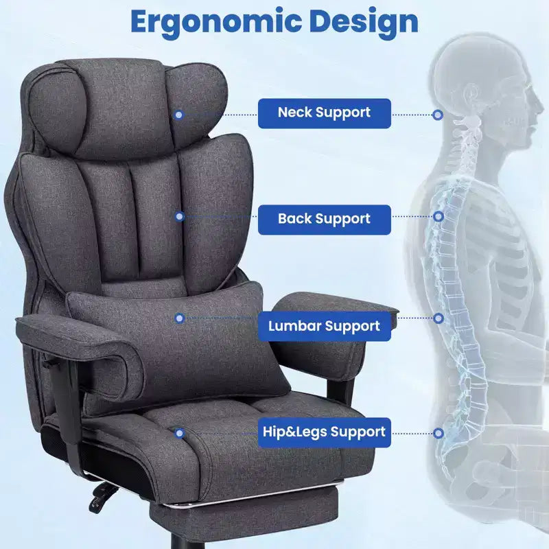 Fauteuil de bureau ergonomique Hoffree Big & Tall Executive en lin, supporte jusqu'à 450 livres, avec support lombaire massant 2 points et repose-pieds, gris