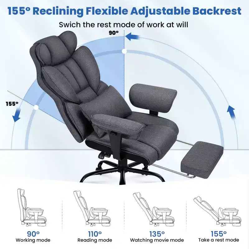 Fauteuil de bureau ergonomique Hoffree Big & Tall Executive en lin, supporte jusqu'à 450 livres, avec support lombaire massant 2 points et repose-pieds, gris
