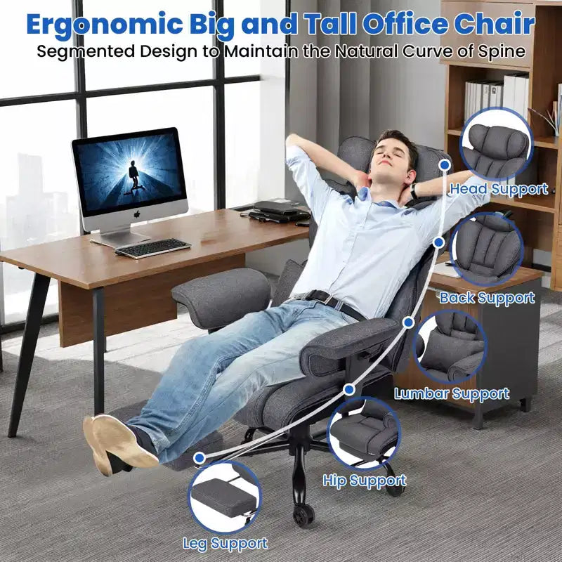 Fauteuil de bureau ergonomique Hoffree Big & Tall Executive en lin, supporte jusqu'à 450 livres, avec support lombaire massant 2 points et repose-pieds, gris