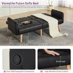 TYBOATLE 65 Canapé-Lit Futon Convertible en Similicuir, Canapé Rembourré Moderne avec Port USB, Causeuse Pliante pour Petits Espaces, Appartement, Dortoir, Bureau