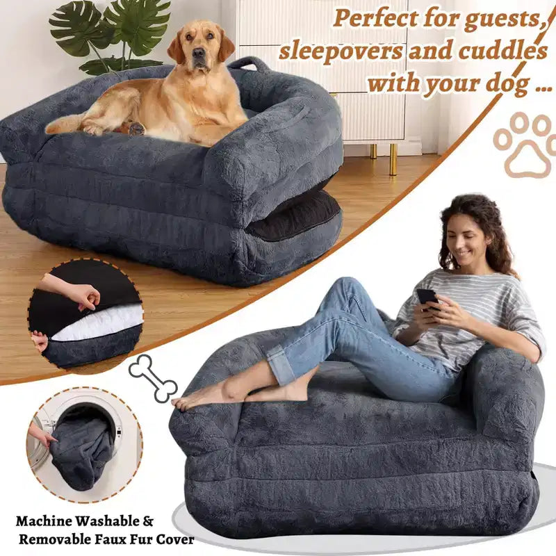 Lit pliant pour humains, lit géant 180x109x25 cm pour personnes et animaux de compagnie, housse en fausse fourrure lavable et amovible