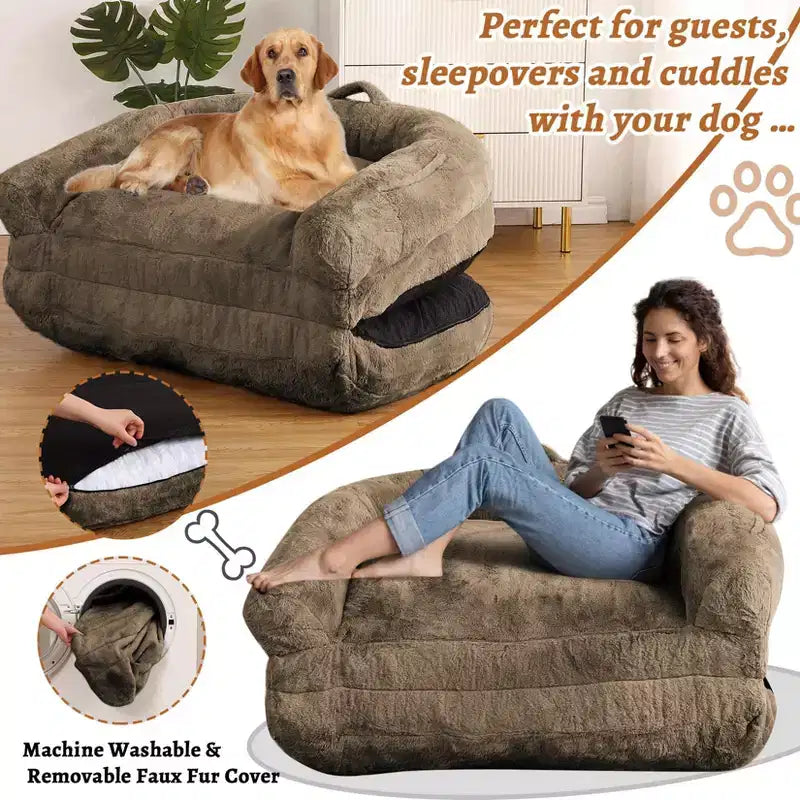 Lit pliant pour humains, lit géant 180x109x25 cm pour personnes et animaux de compagnie, housse en fausse fourrure lavable et amovible
