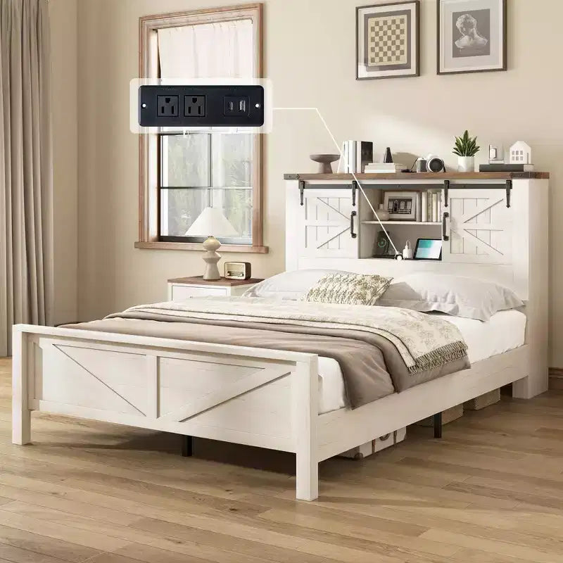AMERLIFE Farmhouse Bed Frame, Storage Headboard, Charging Ports, No Box Spring