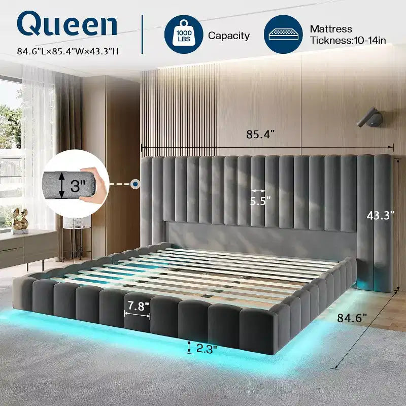 Lit plate-forme rembourré AMERLIFE avec lumières LED, design flottant, support à lattes solides