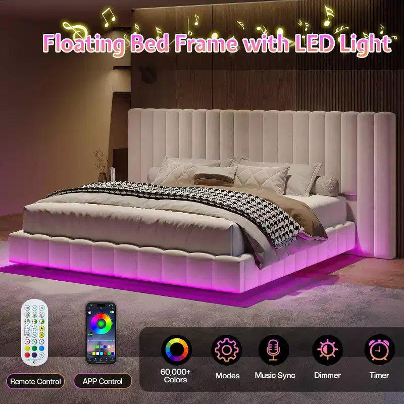 Lit plate-forme rembourré AMERLIFE avec lumières LED, design flottant, support à lattes solides
