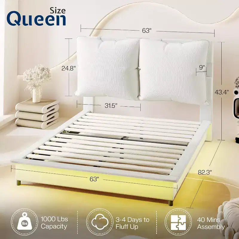 Cadre de lit LED AMERLIFE avec tête de lit et coussins rembourrés amovibles, aucun sommier tapissier requis
