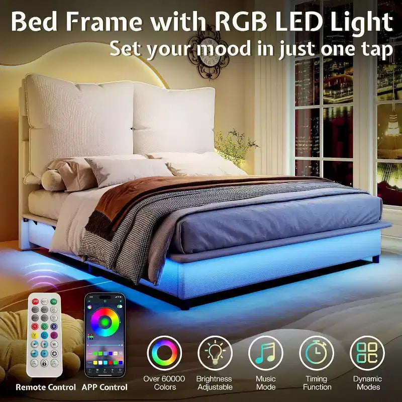 Cadre de lit LED AMERLIFE avec tête de lit et coussins rembourrés amovibles, aucun sommier tapissier requis
