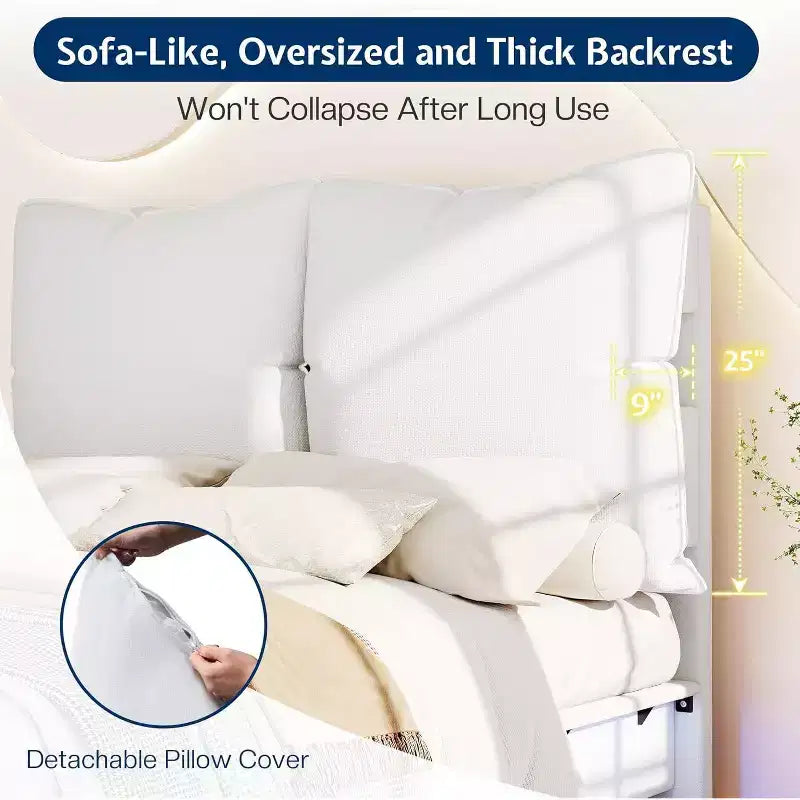 Cadre de lit LED AMERLIFE avec tête de lit et coussins rembourrés amovibles, aucun sommier tapissier requis