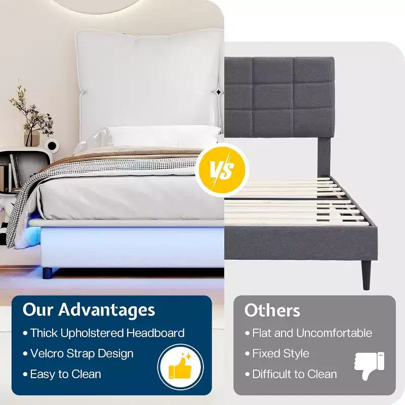 Cadre de lit LED AMERLIFE avec tête de lit et coussins rembourrés amovibles, aucun sommier tapissier requis