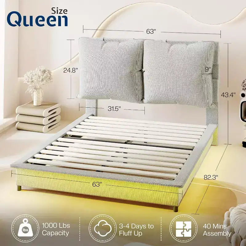 Cadre de lit LED AMERLIFE avec tête de lit et coussins rembourrés amovibles, aucun sommier tapissier requis