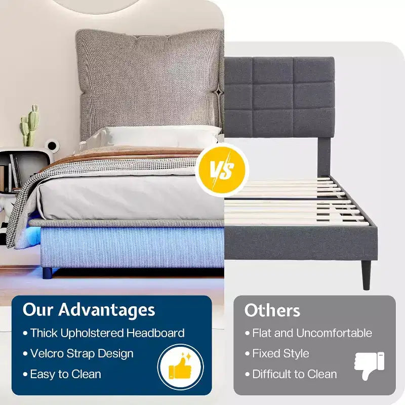 Cadre de lit LED AMERLIFE avec tête de lit et coussins rembourrés amovibles, aucun sommier tapissier requis