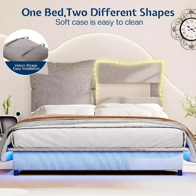 Cadre de lit LED AMERLIFE avec tête de lit et coussins rembourrés amovibles, aucun sommier tapissier requis