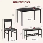 Ensemble table à manger moderne pour 4 personnes avec cadre en métal, chaises et banc, table de cuisine 4 personnes avec étagère de rangement, idéal pour les appartements et les salles à manger.