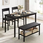 Ensemble table à manger moderne pour 4 personnes avec cadre en métal, chaises et banc, table de cuisine 4 personnes avec étagère de rangement, idéal pour les appartements et les salles à manger.