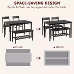 Ensemble table à manger moderne pour 4 personnes avec cadre en métal, chaises et banc, table de cuisine 4 personnes avec étagère de rangement, idéal pour les appartements et les salles à manger.