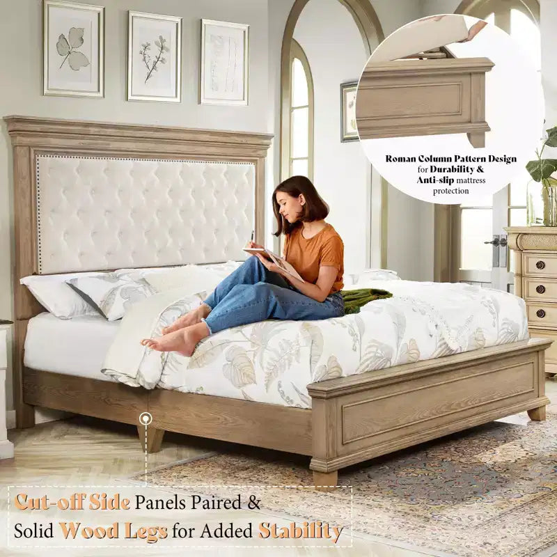 AMERLIFE Lit 68,1 po avec tête de lit capitonnée, lit plateforme de style ferme, chêne clair