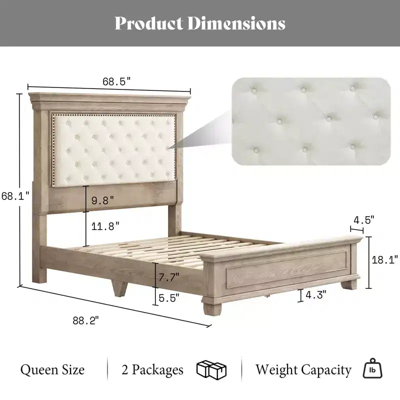 AMERLIFE Lit 68,1 po avec tête de lit capitonnée, lit plateforme de style ferme, chêne clair
