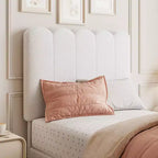 Cadre de lit jumeau avec tiroir de rangement sous le lit Tête de lit ondulée rembourrée en velours/boucle pour filles, support à lattes en bois (pas de sommier tapissier), blanc/rose