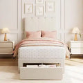 Cadre de lit jumeau avec tiroir de rangement sous le lit Tête de lit ondulée rembourrée en velours/boucle pour filles, support à lattes en bois (pas de sommier tapissier), blanc/rose