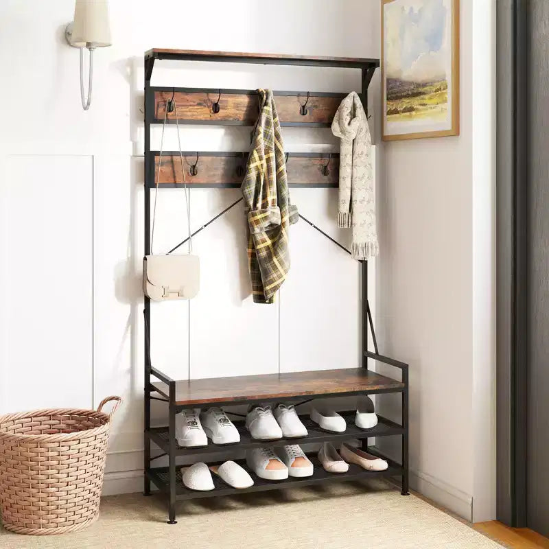 Portemanteau Costway 4-en-1 Hall Tree avec 11 crochets, banc à chaussures, étagère à chaussures à 2 niveaux Gris/Marron
