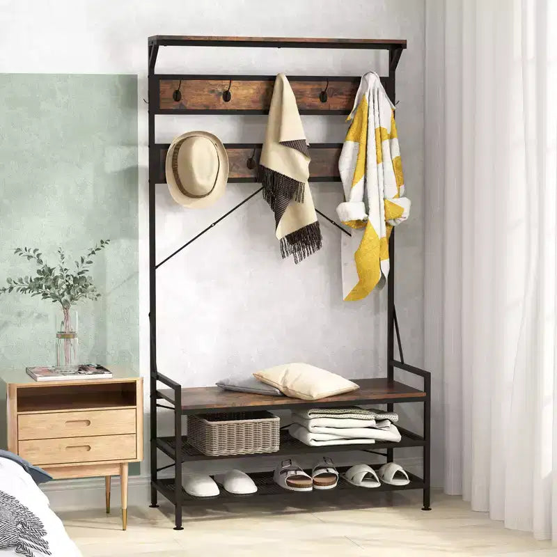 Portemanteau Costway 4-en-1 Hall Tree avec 11 crochets, banc à chaussures, étagère à chaussures à 2 niveaux Gris/Marron