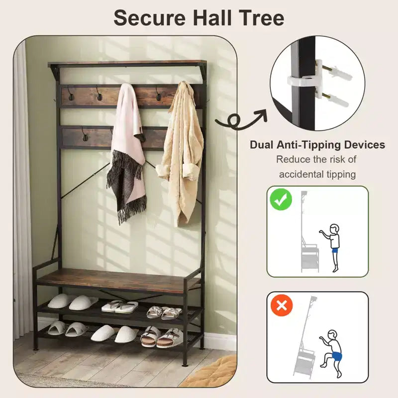 Portemanteau Costway 4-en-1 Hall Tree avec 11 crochets, banc à chaussures, étagère à chaussures à 2 niveaux Gris/Marron