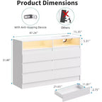 Commode double 6 tiroirs avec prise de courant, commode d'appoint avec éclairage LED, commode de rangement blanche moderne avec station de charge