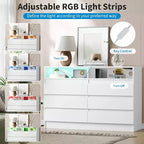 Commode double 6 tiroirs avec prise de courant, commode d'appoint avec éclairage LED, commode de rangement blanche moderne avec station de charge