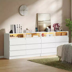 Commode double 6 tiroirs avec prise de courant, commode d'appoint avec éclairage LED, commode de rangement blanche moderne avec station de charge