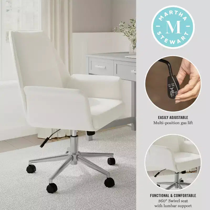 Chaise de bureau rembourrée Martha Stewart Maxine en blanc/nickel poli