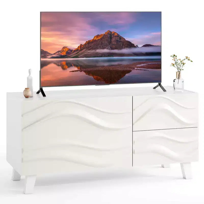Costway 38 TV Stand for 44-Inch TV with DrawersEngraved Media Console Cabinet White