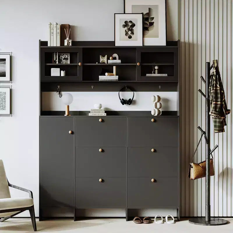 Multifunctional Tipping Bucket Shoe Cabinet Entryway Storage Cabinet Shoe Rack Organizer Hall Tree with 6 Flip Drawers&4 Hooks, White/Black-ModernLuxe