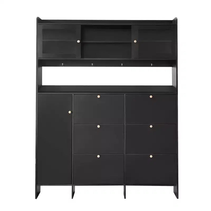 Meuble à chaussures multifonctionnel avec seau basculant, armoire de rangement pour entrée, organisateur de porte-chaussures avec 6 tiroirs rabattables et 4 crochets, blanc/noir-ModernLuxe