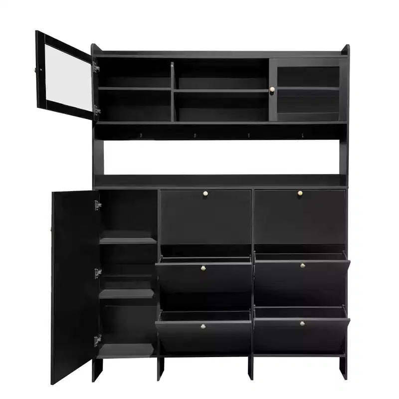 Meuble à chaussures multifonctionnel avec seau basculant, armoire de rangement pour entrée, organisateur de porte-chaussures avec 6 tiroirs rabattables et 4 crochets, blanc/noir-ModernLuxe