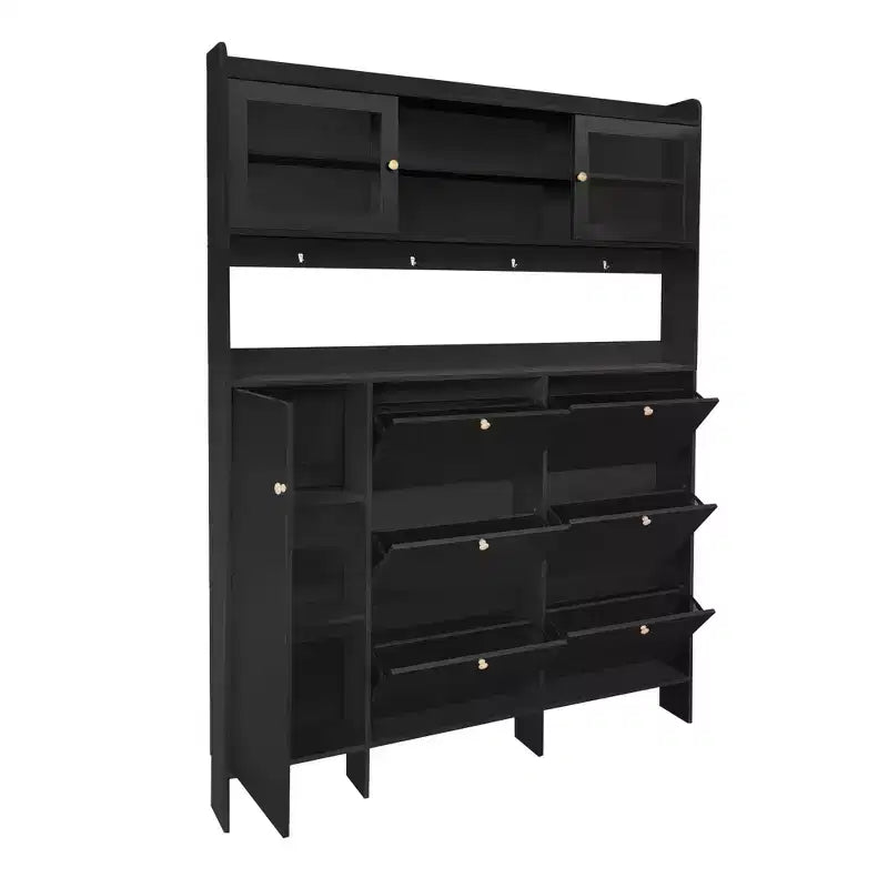 Meuble à chaussures multifonctionnel avec seau basculant, armoire de rangement pour entrée, organisateur de porte-chaussures avec 6 tiroirs rabattables et 4 crochets, blanc/noir-ModernLuxe
