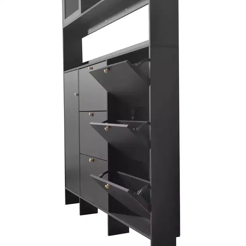 Meuble à chaussures multifonctionnel avec seau basculant, armoire de rangement pour entrée, organisateur de porte-chaussures avec 6 tiroirs rabattables et 4 crochets, blanc/noir-ModernLuxe