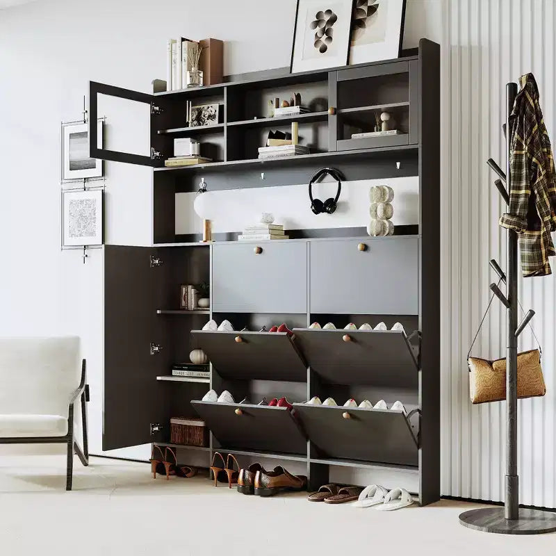 Meuble à chaussures multifonctionnel avec seau basculant, armoire de rangement pour entrée, organisateur de porte-chaussures avec 6 tiroirs rabattables et 4 crochets, blanc/noir-ModernLuxe