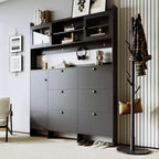 Meuble à chaussures multifonctionnel avec seau basculant, armoire de rangement pour entrée, organisateur de porte-chaussures avec 6 tiroirs rabattables et 4 crochets, blanc/noir-ModernLuxe