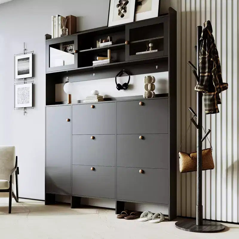 Meuble à chaussures multifonctionnel avec seau basculant, armoire de rangement pour entrée, organisateur de porte-chaussures avec 6 tiroirs rabattables et 4 crochets, blanc/noir-ModernLuxe