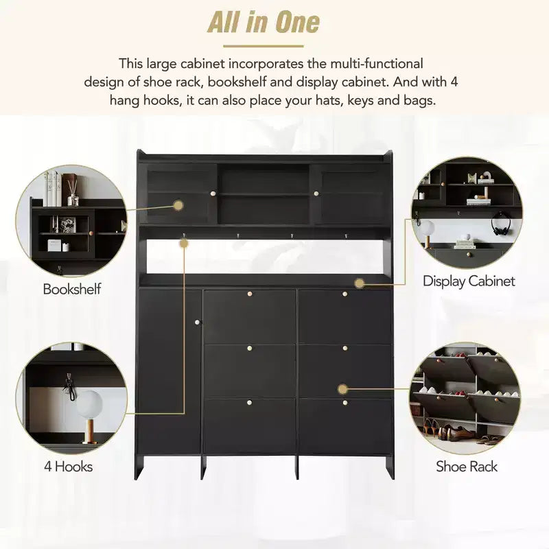 Meuble à chaussures multifonctionnel avec seau basculant, armoire de rangement pour entrée, organisateur de porte-chaussures avec 6 tiroirs rabattables et 4 crochets, blanc/noir-ModernLuxe