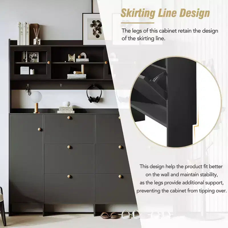 Meuble à chaussures multifonctionnel avec seau basculant, armoire de rangement pour entrée, organisateur de porte-chaussures avec 6 tiroirs rabattables et 4 crochets, blanc/noir-ModernLuxe