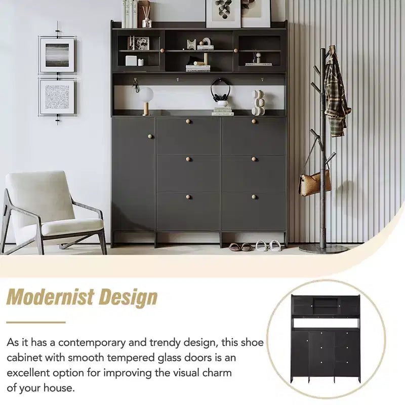 Meuble à chaussures multifonctionnel avec seau basculant, armoire de rangement pour entrée, organisateur de porte-chaussures avec 6 tiroirs rabattables et 4 crochets, blanc/noir-ModernLuxe