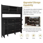 Meuble à chaussures multifonctionnel avec seau basculant, armoire de rangement pour entrée, organisateur de porte-chaussures avec 6 tiroirs rabattables et 4 crochets, blanc/noir-ModernLuxe